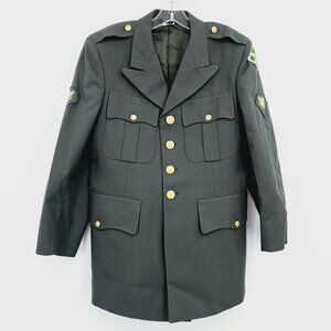 US Army Green Poly Wool Dress Coat Jacket 38S Uniform Patches Buttons Vintage